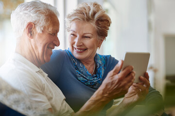 Senior couple, online and tablet for streaming, digital and download for movie, watch show and app...