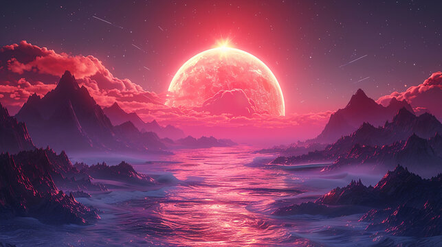 The retro-futuristic landscapes of the sci-fi background featuring neon lights, low poly terrain, and stylized vintage - Powered by Adobe