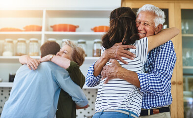 Senior, parents and reunion with family in home with love, care and support in retirement. Elderly, mom and dad embrace people on holiday, vacation and happiness in house with old man and woman