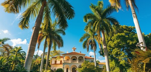 Magnificent royal palace surrounded by palm trees and vibrant flora, blending seamlessly into tropical paradise. 