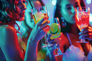  Close-up of girls drinking cocktails in nightclub. Girls having a good time, cheering and drinking cold cocktails, enjoying company together at the bar