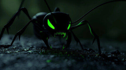 Glowing Antagonist: Angry Black Ant in 3D. Generative AI