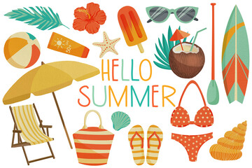 Hello summer illustrations set, retro colors, vintage, flat style, hand drawn, digital