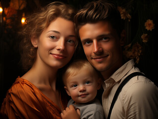 Happy young parents cuddling sweet adorable kid girl on comfortable home couch, hugging child with love, adoration, laughing, spending family leisure with daughter child together