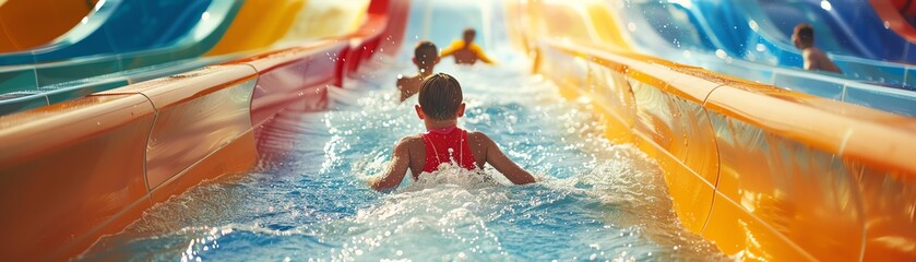 Kids racing down a multilane water slide, competitive and fun atmosphere, Energetic, Vibrant Colors, Digital Art