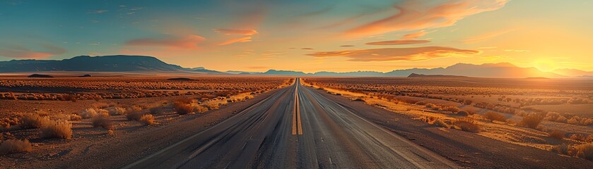 Road trip through the desert, car driving along a straight, empty road with dramatic landscapes, Epic, Golden Hour, HighResolution Photography