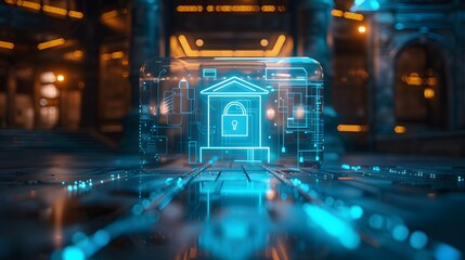 Obraz premium A 3D hologram projection of a bank was projected from above onto the floor.a light blue neon color with a white glow and a padlock icon inside. 