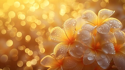 A beautiful yellow background with golden rays of sunlight shining on the delicate petals of frangipani flowers, creating an enchanting and dreamy atmosphere.
