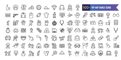 Hip hop dance icon set. Outline set of hip hop dance vector icons for ui design. Outline icon collection. Editable stroke.