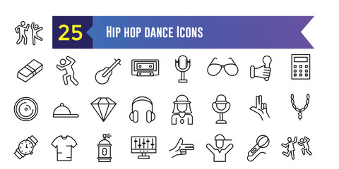 Hip hop dance icon set. Outline set of hip hop dance vector icons for ui design. Outline icon collection. Editable stroke.