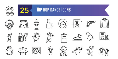Hip hop dance icon set. Outline set of hip hop dance vector icons for ui design. Outline icon collection. Editable stroke.