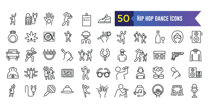 Hip hop dance icon set. Outline set of hip hop dance vector icons for ui design. Outline icon collection. Editable stroke.