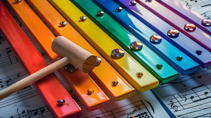 Aerial View of a Rainbow Xylophone on Sheet Music: The Harmony of Colors and Musical Notes