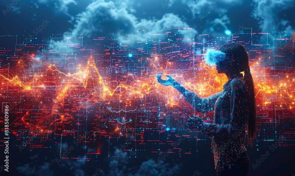 Poster diverse software engineers utilizing big data analytics, ai algorithms, cloud computing in futuristi
