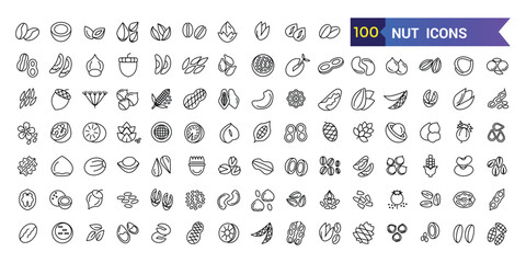 Nut icon set. Outline set of nut vector icons for ui design. Outline icon collection. Editable stroke.