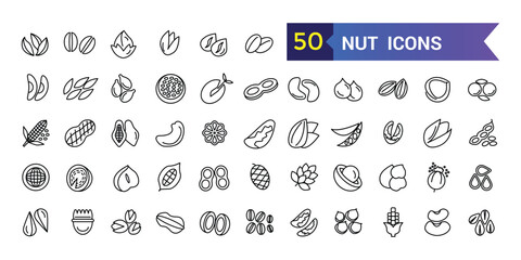 Nut icon set. Outline set of nut vector icons for ui design. Outline icon collection. Editable stroke.