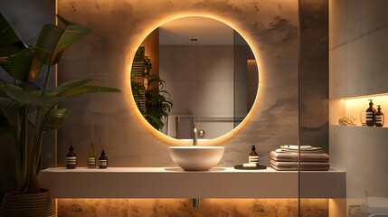 A circular mirror with LED lights around it hangs on the wall of an elegant bathroom, creating a warm and inviting atmosphere in your home.
