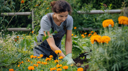 Woman planting marigolds in the garden. Closeup illustration of hands holding plants