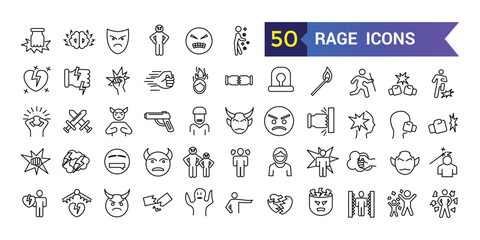 Rage icons set. Outline set of rage vector icons for ui design. Outline icon collection. Editable stroke.