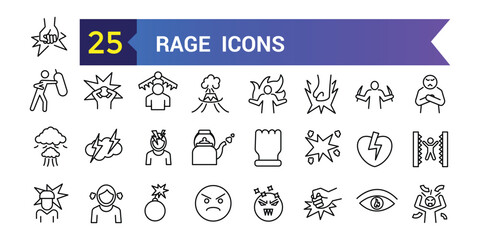 Rage icons set. Outline set of rage vector icons for ui design. Outline icon collection. Editable stroke.