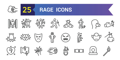 Rage icons set. Outline set of rage vector icons for ui design. Outline icon collection. Editable stroke.