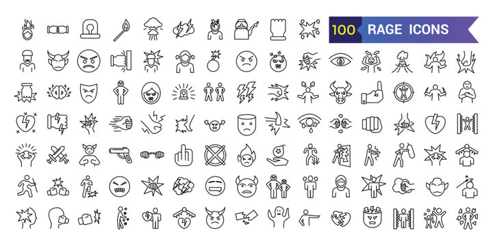Rage icons set. Outline set of rage vector icons for ui design. Outline icon collection. Editable stroke.
