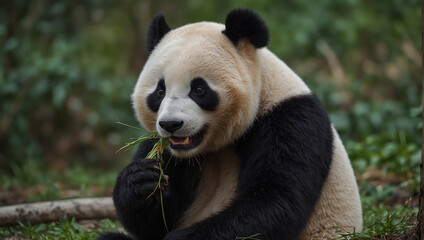 A panda bear is sitting on the ground eating bamboo. The panda is black and white with a round face...