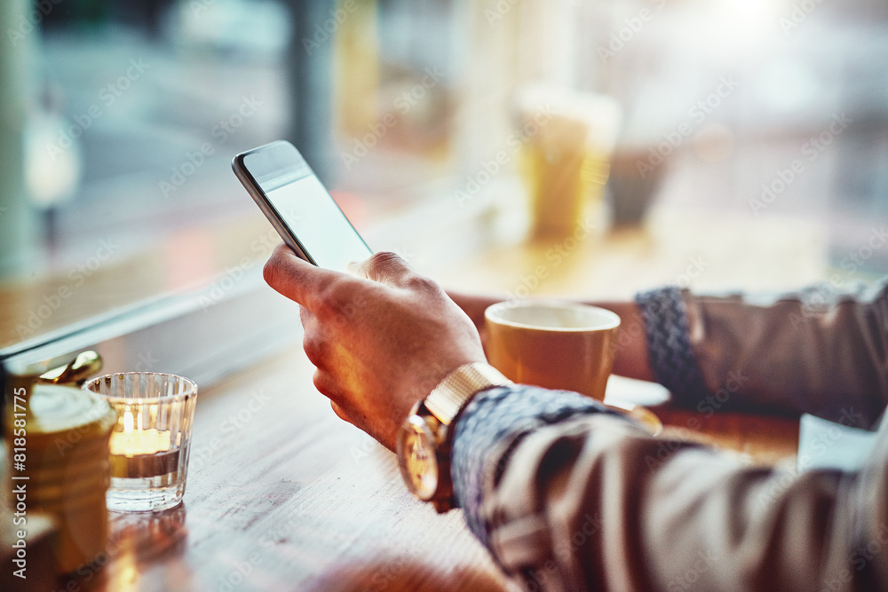 Poster hands, coffee and person with mobile phone in cafe for job search app, connection or networking. onl