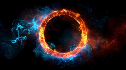 A glowing colorful ring of fire on black background, with the letter O in center, red and blue flames swirling around it, creating an enchanting atmosphere.
