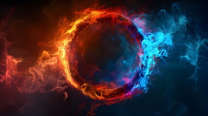 A glowing colorful ring of fire on black background, with the letter O in center, red and blue flames swirling around it, creating an enchanting atmosphere.
