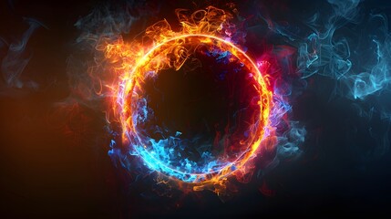 A glowing colorful ring of fire on black background, with the letter O in center, red and blue flames swirling around it, creating an enchanting atmosphere.
