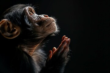 a close up of a monkey with its hands in the air