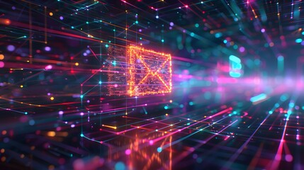 A glowing e mail icon floating in the center of an abstract grid with colorful light streaks .
