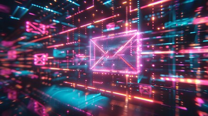 Fototapeta premium A glowing e mail icon floating in the center of an abstract grid with colorful light streaks . 
