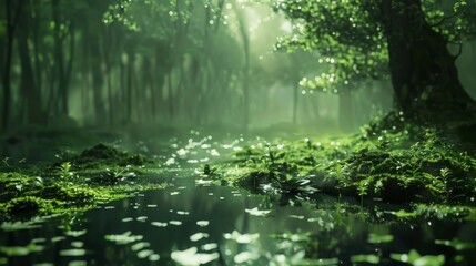 Obraz premium Soothing Stream Flowing Through Moss-Covered Forest Photography