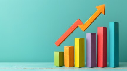 A graph showing an upward trend in sales or growth metrics, with colorful bar charts against a teal background.
