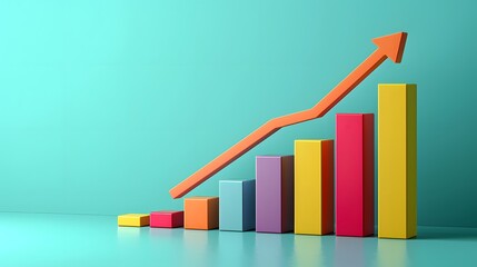 A graph showing an upward trend in sales or growth metrics, with colorful bar charts against a teal background.
