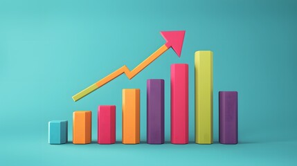 A graph showing an upward trend in sales or growth metrics, with colorful bar charts against a teal background.
