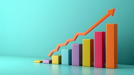 A graph showing an upward trend in sales or growth metrics, with colorful bar charts against a teal background.
