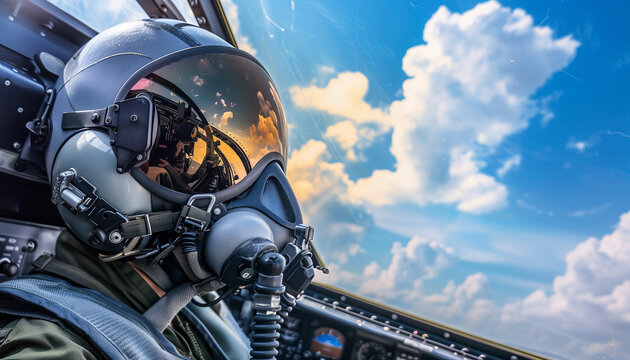 Fighter pilots cockpit view under cloudy blue sky	