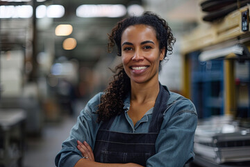 Smiling female factory worker posing confidently for the camera, representing the backbone of industry