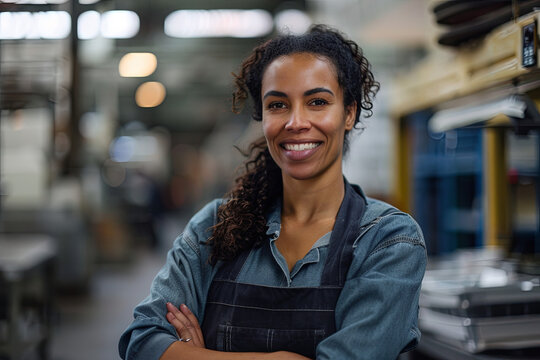 Smiling female factory worker posing confidently for the camera, representing the backbone of industry