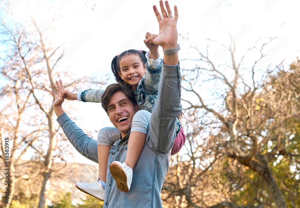 Poster Portrait, girl and father in park for piggyback, playing and bonding together with smile. Happy family, parent or dad with daughter outdoor in nature for motor skills, recreation or physical activity