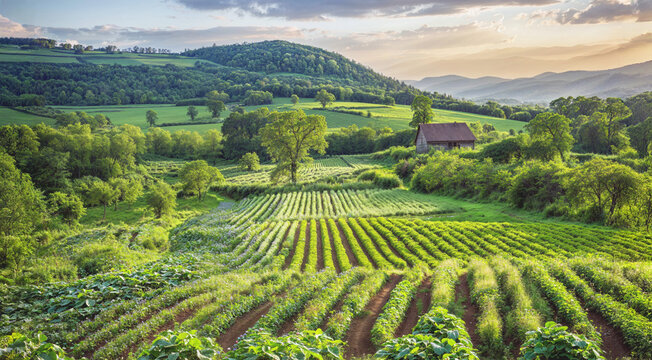 Aerial view of a diverse biodynamic farm showcasing crop rotations, green cover crops