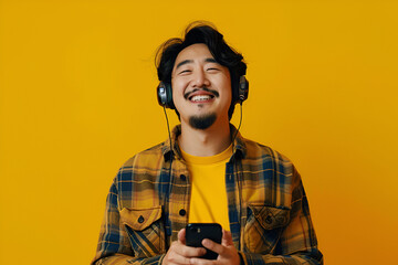 Asian handsome man with a mustache, smiling and laughing and using smart phone to listen music with...