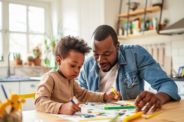 Fototapeta premium A photo of a dad and his child working on a school project together at a kitchen table, with colorful art supplies scattered around and a focused yet friendly atmosphere.