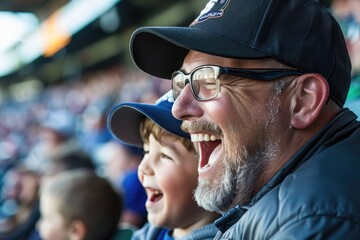 A candid photo of a dad and his son laughing and cheering in the stands at a baseball game, showcasing shared interests and excitement.