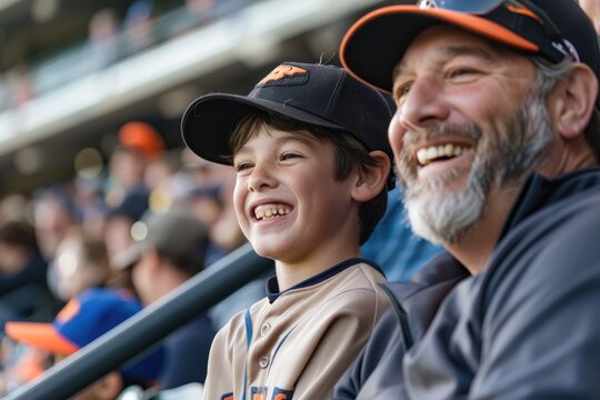 A candid photo of a dad and his son laughing and cheering in the stands at a baseball game, showcasing shared interests and excitement.