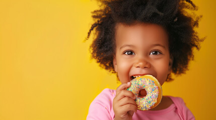 Naklejka premium copy space, stockphoto, happy black toddler eating a donut, national donut day theme. Happy black african-american child with a donut. Colorful image. Sugar food. Child is having a good time, unhealth