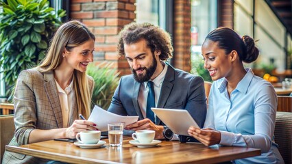 Microfinance Meeting – Two Entrepreneurs Discussing: A young man and woman, small business owners, discussing financial documents with a microloan officer at a casual café setting.
